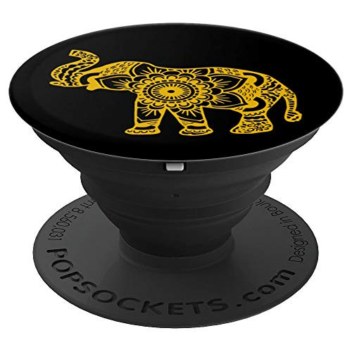 Black Mustard Yellow Floral Mandala Flower Elephant Design PopSockets Grip and Stand for Phones and Tablets
