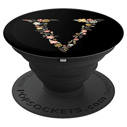 Cute Floral Initial Letter V Monogram on Black PS20021 PopSockets Grip and Stand for Phones and Tablets