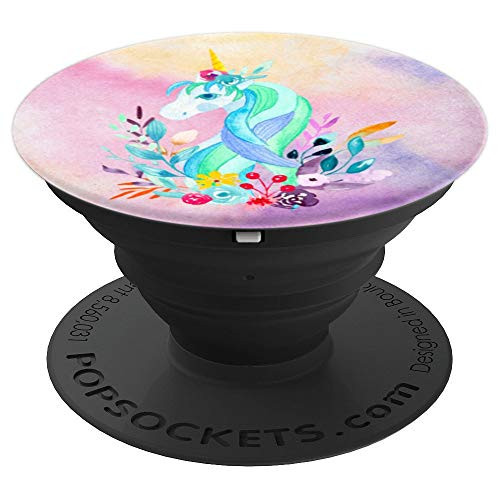 Floral Blue Unicorn With Pink Background PopSockets Grip and Stand for Phones and Tablets