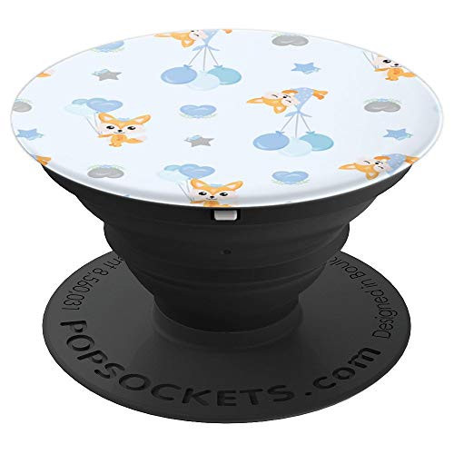 Cute Pattern Baby Fox Holding Heart Balloon Pastel Blue Gift PopSockets Grip and Stand for Phones and Tablets