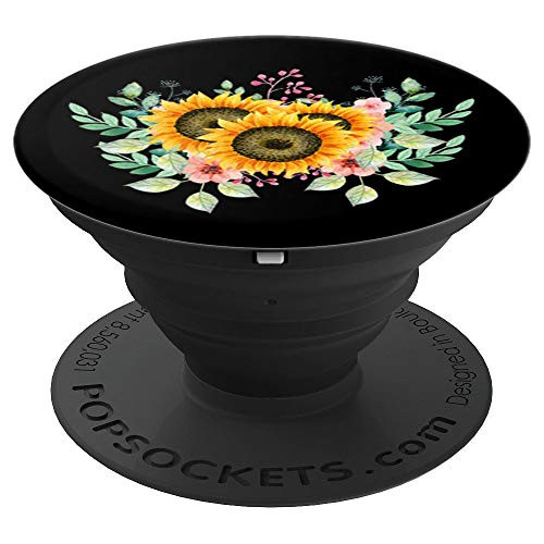 Sunflower cute watercolor rose Pattern black Background Gift PopSockets Grip and Stand for Phones and Tablets
