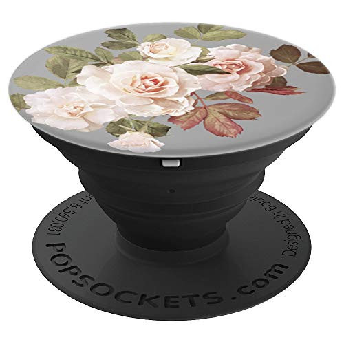 Artsy Watercolor White Pink Rose Flower on Gray Background PopSockets Grip and Stand for Phones and Tablets