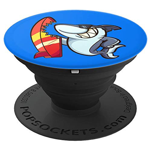 Shark Funny Surfer Blue Background PopSockets Grip and Stand for Phones and Tablets