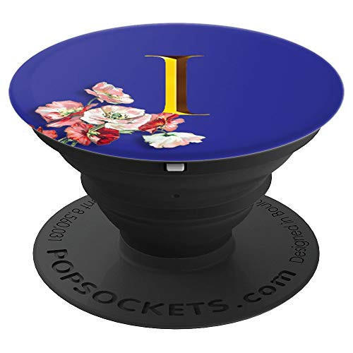 Letter I Monogram Initial Blue Background Watercolor Poppies PopSockets Grip and Stand for Phones and Tablets