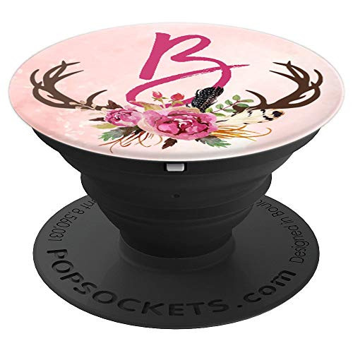 Watercolor Boho Floral Deer Antler Monogram Letter B PopSockets Grip and Stand for Phones and Tablets