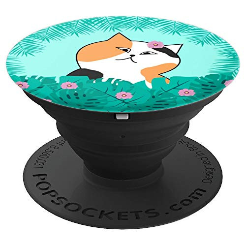 Tropical Cat and Flowers on Mint Green Background PopSockets Grip and Stand for Phones and Tablets