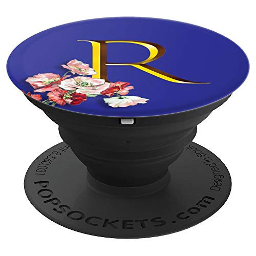 Letter R Monogram Initial Blue Background Watercolor Poppies PopSockets Grip and Stand for Phones and Tablets