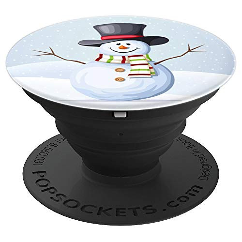 Cute Snowman In The Snow Happy Guy On Snowy Day Background PopSockets Grip and Stand for Phones and Tablets