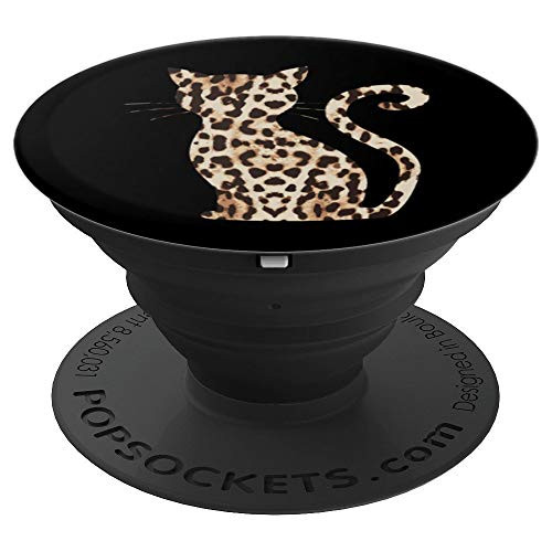 Leopard Print Cat Silhouette on Black Background Design PopSockets Grip and Stand for Phones and Tablets