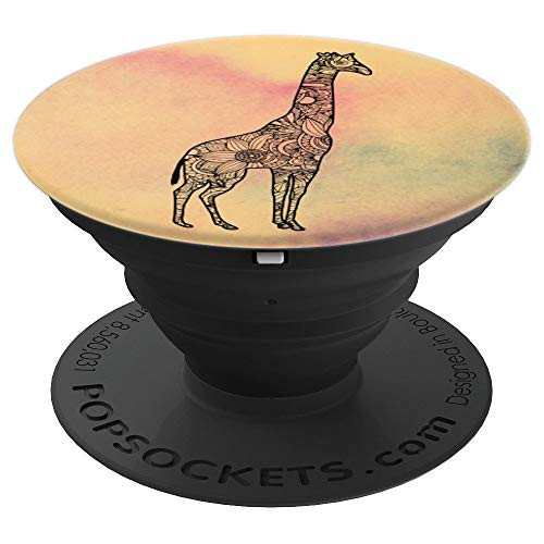 Black Mandala Giraffe With Tan Background PopSockets Grip and Stand for Phones and Tablets