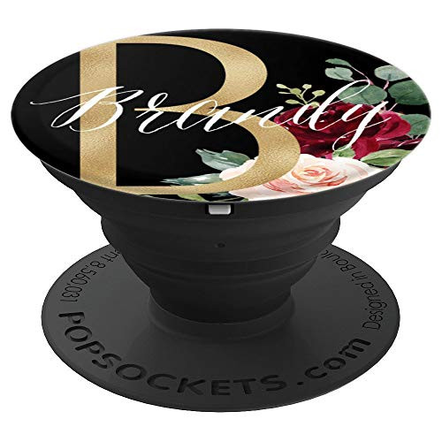 Brandy First Name Initial B on Black Floral background PopSockets Grip and Stand for Phones and Tablets