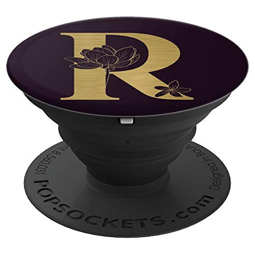 Initial R Letter Floral Rose 0n Matte Dark Purple Background PopSockets Grip and Stand for Phones and Tablets