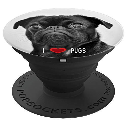 I Love Pugs Red Double Heart Black Pug On Grey Background PopSockets Grip and Stand for Phones and Tablets