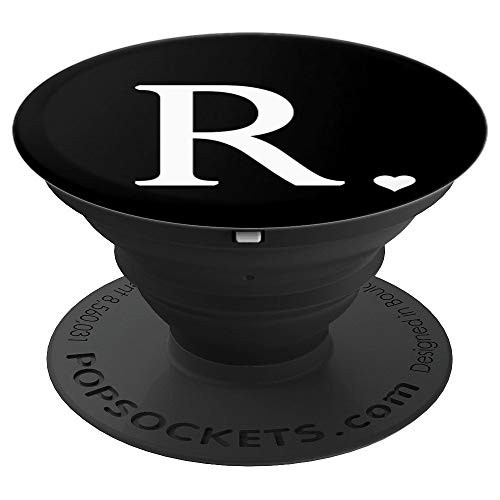 Heart White Letter R Initial Monogram Black Minimal Cute PopSockets Grip and Stand for Phones and Tablets