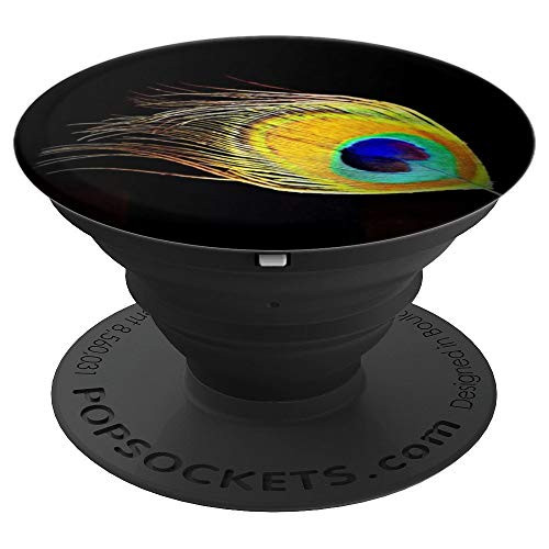 Peacock Feather on Black Background Animal Lover Gift PopSockets Grip and Stand for Phones and Tablets