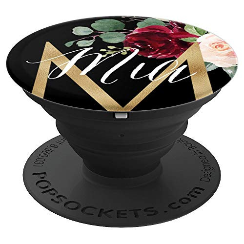 Mia First Name Initial M on Black Floral background PopSockets Grip and Stand for Phones and Tablets