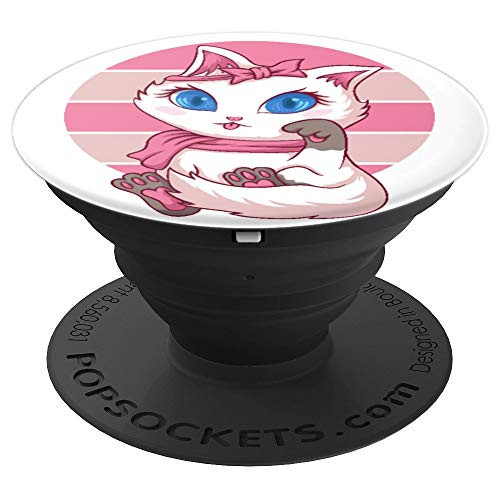 White Cat Pink Background For Cat Lovers PopSockets Grip and Stand for Phones and Tablets