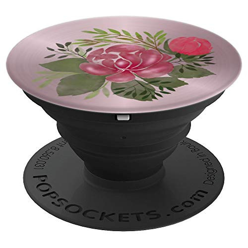 Water Color Flowers on Rose Silver Tone Background PopSockets Grip and Stand for Phones and Tablets