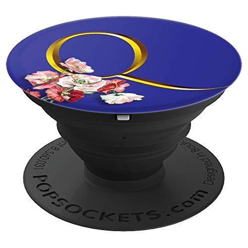 Letter Q Monogram Initial Blue Background Watercolor Poppies PopSockets Grip and Stand for Phones and Tablets