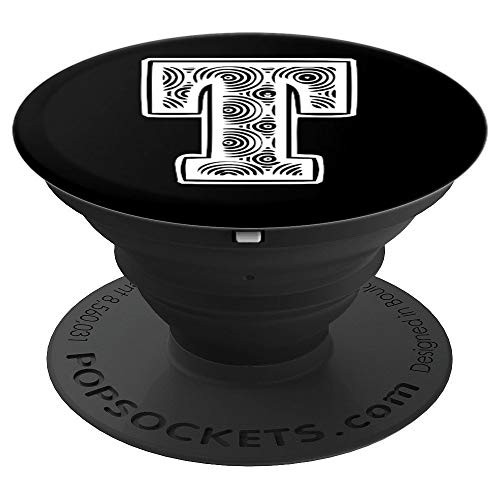 Black Pop Background White Pattern Monogram Letter T Initial PopSockets Grip and Stand for Phones and Tablets