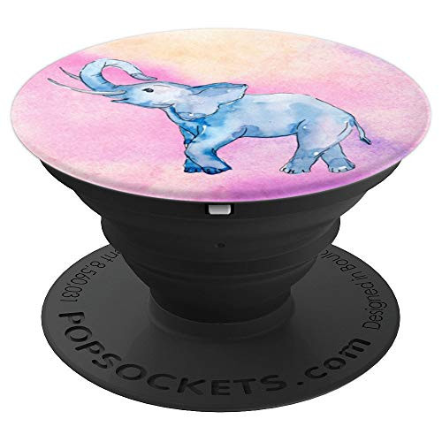 Blue Watercolor Elephant With Pink Background PopSockets Grip and Stand for Phones and Tablets