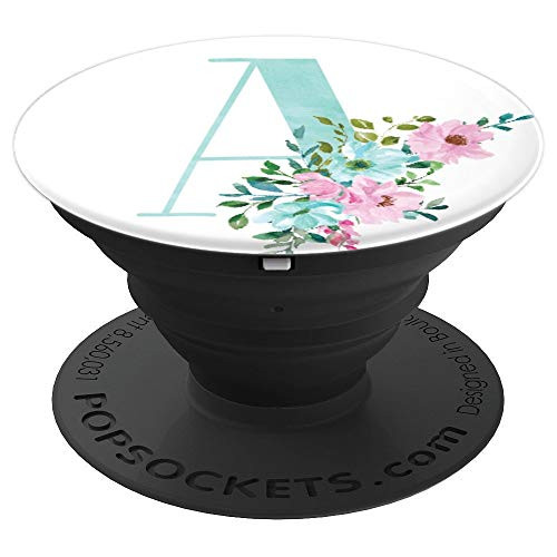 Mint and Pink Floral Flowers Monogram Name Initial Letter A PopSockets Grip and Stand for Phones and Tablets
