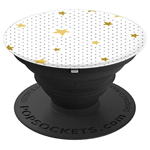 Pattern Yellow Stars On Black Polka Dot On White Background PopSockets Grip and Stand for Phones and Tablets