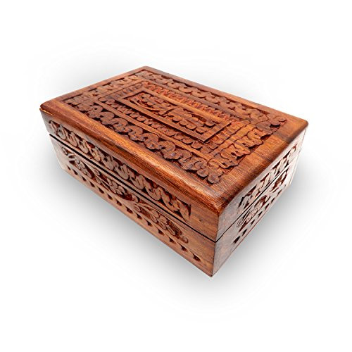 IndiaBigShop Hand Carved Wooden Keepsake Jewelry Trinket Box Storage Organizer With Floral Patterns and Velvet Interior 6 Inch IndiaBigShop Hand Carved Wooden Keepsake Jewelry Trinket Box Storage Organizer With Floral Patterns and Velvet Interior 6 Inch