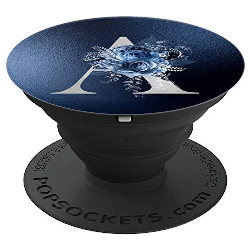 Blue floral initial letter A monogram blue background PopSockets Grip and Stand for Phones and Tablets