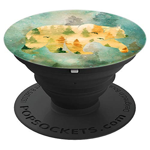 Minimalist Silhouette Bear With Green Woods Background PopSockets Grip and Stand for Phones and Tablets