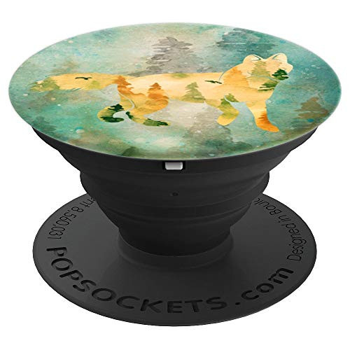 Minimalist Silhouette Wolf With Green Woods Background PopSockets Grip and Stand for Phones and Tablets