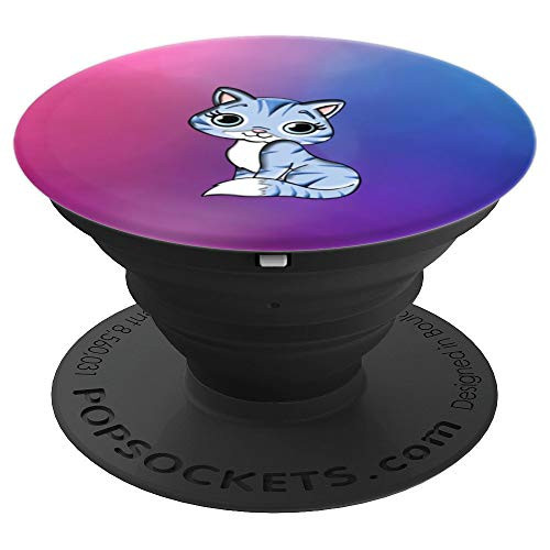 Cute blue Tabby Cat on pretty blue and purple background PopSockets Grip and Stand for Phones and Tablets