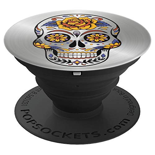 Wicked Skull Rose Design on Silver Tone Background PopSockets Grip and Stand for Phones and Tablets