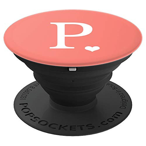 White Initial Letter P heart Monogram on Coral PopSockets Grip and Stand for Phones and Tablets