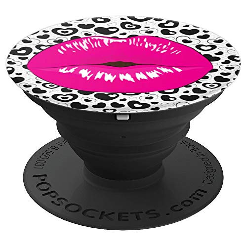 Pink Lips With Black And White Hearts Background PopSockets Grip and Stand for Phones and Tablets
