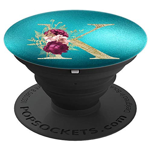 Maroon floral initial letter K monogram teal background PopSockets Grip and Stand for Phones and Tablets