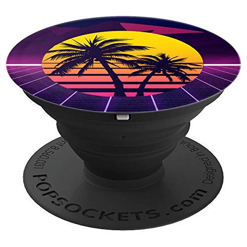 80s Grid Palm Tree Outrun Vaporwave Retro Synthwave PopSockets Grip and Stand for Phones and Tablets