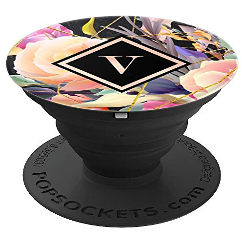 Cute Floral Initial Letter V Monogram on Black ADZ022f PopSockets Grip and Stand for Phones and Tablets