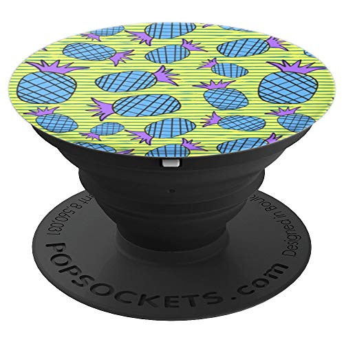 Blue Purple Pineapples on Green Stripped Background PopSockets Grip and Stand for Phones and Tablets
