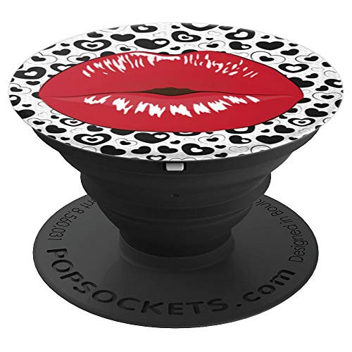 Red Lips With Black And White Hearts Background PopSockets Grip and Stand for Phones and Tablets
