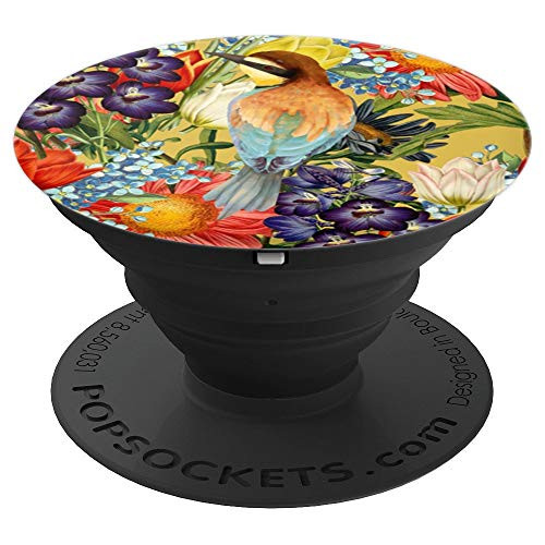 Bird and Flowers Floral Pattern Mustard Yellow Background PopSockets Grip and Stand for Phones and Tablets