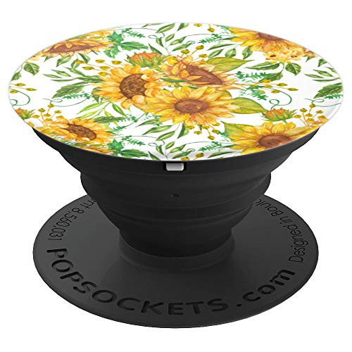 Floral Sunflower Pattern White Background PopSockets Grip and Stand for Phones and Tablets