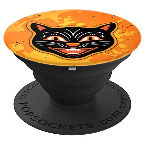 Retro Halloween Black Cat Vintage Orange Background PopSockets Grip and Stand for Phones and Tablets