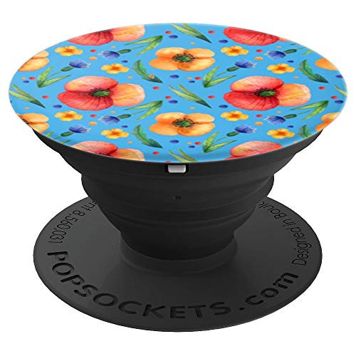 Pink And Orange Flowers Blue Background Cute Trendy PopSockets Grip and Stand for Phones and Tablets