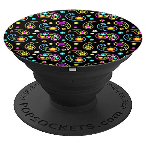 Boho Paisley   Daisy Floral Pattern On Black Background PopSockets Grip and Stand for Phones and Tablets