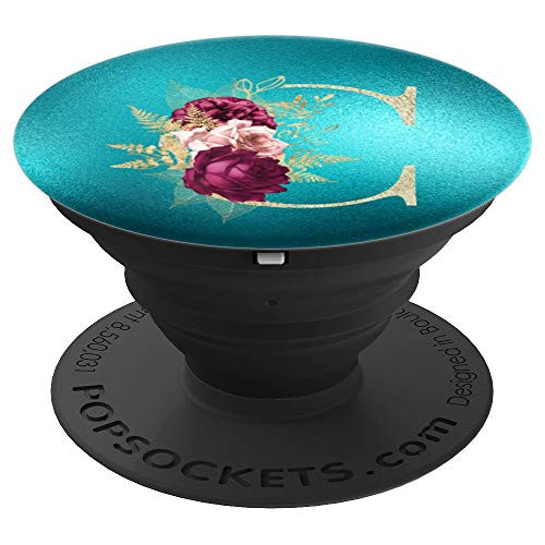 Maroon floral initial letter C monogram teal background PopSockets Grip and Stand for Phones and Tablets
