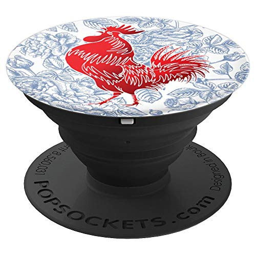 Farmhouse French Rose Blue And White Singing Rooster Of Red PopSockets Grip and Stand for Phones and Tablets