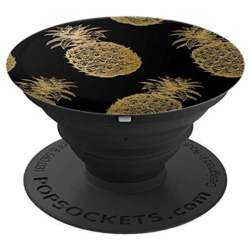 Pineapple Pattern Tropical Fruit Black   Golden Pineapple PopSockets Grip and Stand for Phones and Tablets