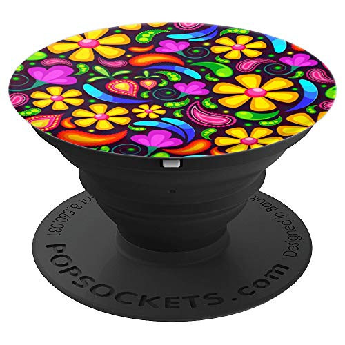 Cute Flowers Pattern Print With Black Background PopSockets Grip and Stand for Phones and Tablets