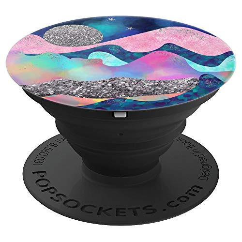 Pretty Pink   Blue Mountains Waves Night Sky Moon   Stars PopSockets Grip and Stand for Phones and Tablets